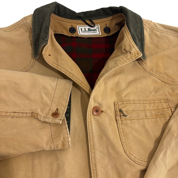 L.L. Bean Other - LL Bean Field Barn Coat Jacket Mens XL Tan Canvas Red Wool Plaid Lined Vintage